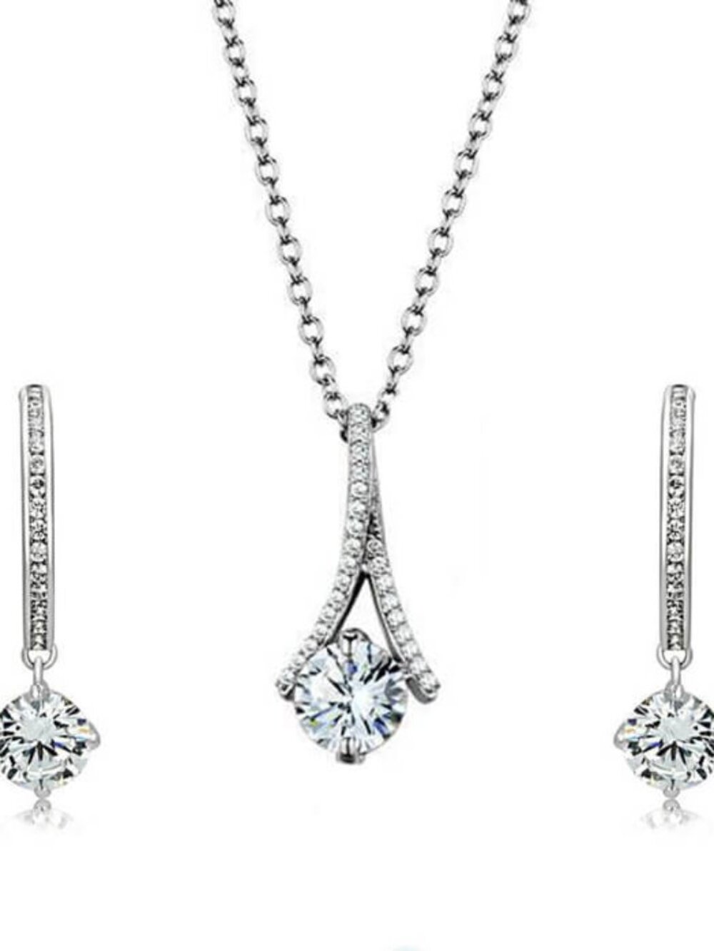 Rhodium Plated Brass Clear CZ Earrings & 925 Sterling Silver Pendant Set